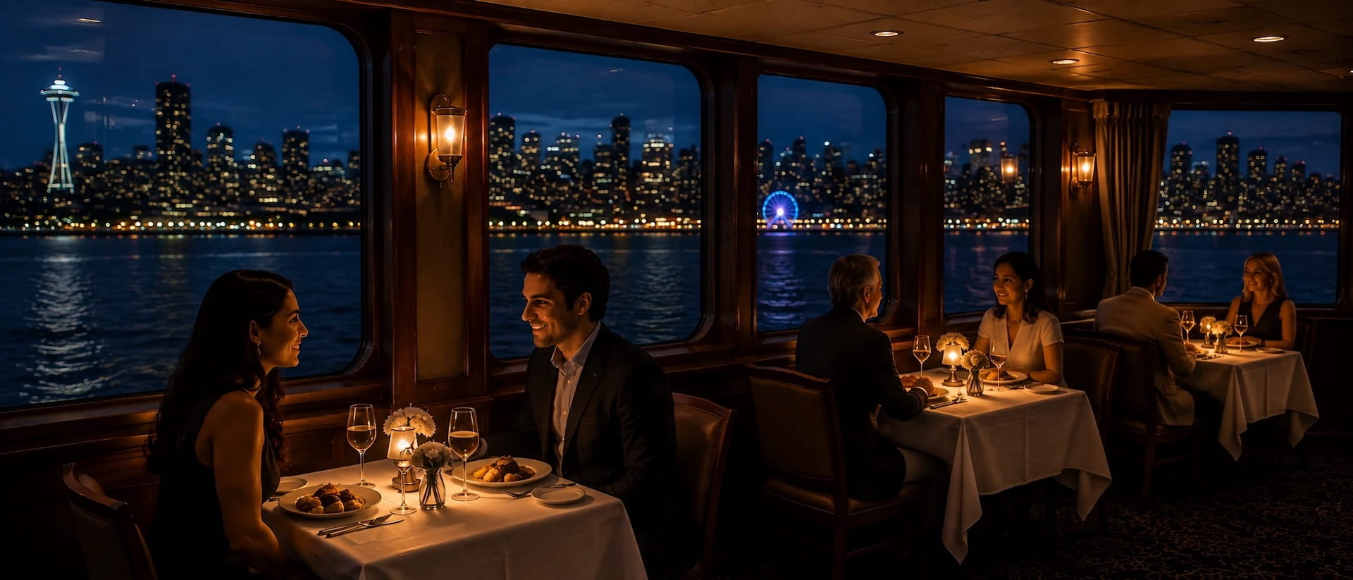 Couples dining at white-linen tables beside panoramic windows overlooking the night-time Seattle skyline on a dinner cruise in Seattle, WA