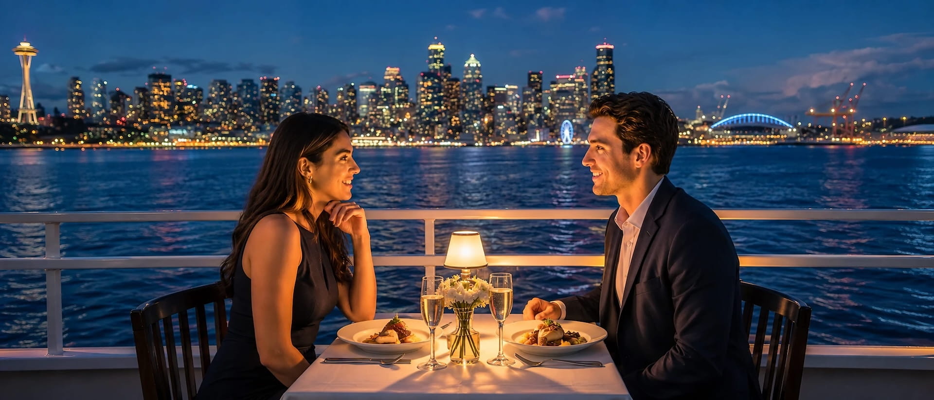 Couple toasting with champagne at a candlelit table on deck, the lit Seattle skyline across the water behind them on an evening dinner cruise