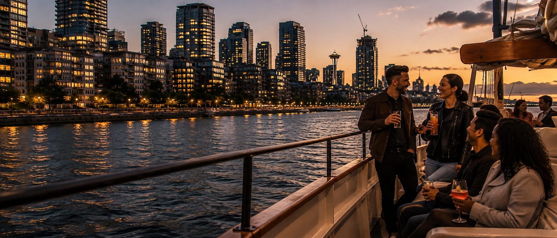 Guests with drinks on the open deck at dusk, city lights and the Space Needle behind them, on a dinner cruise in Seattle