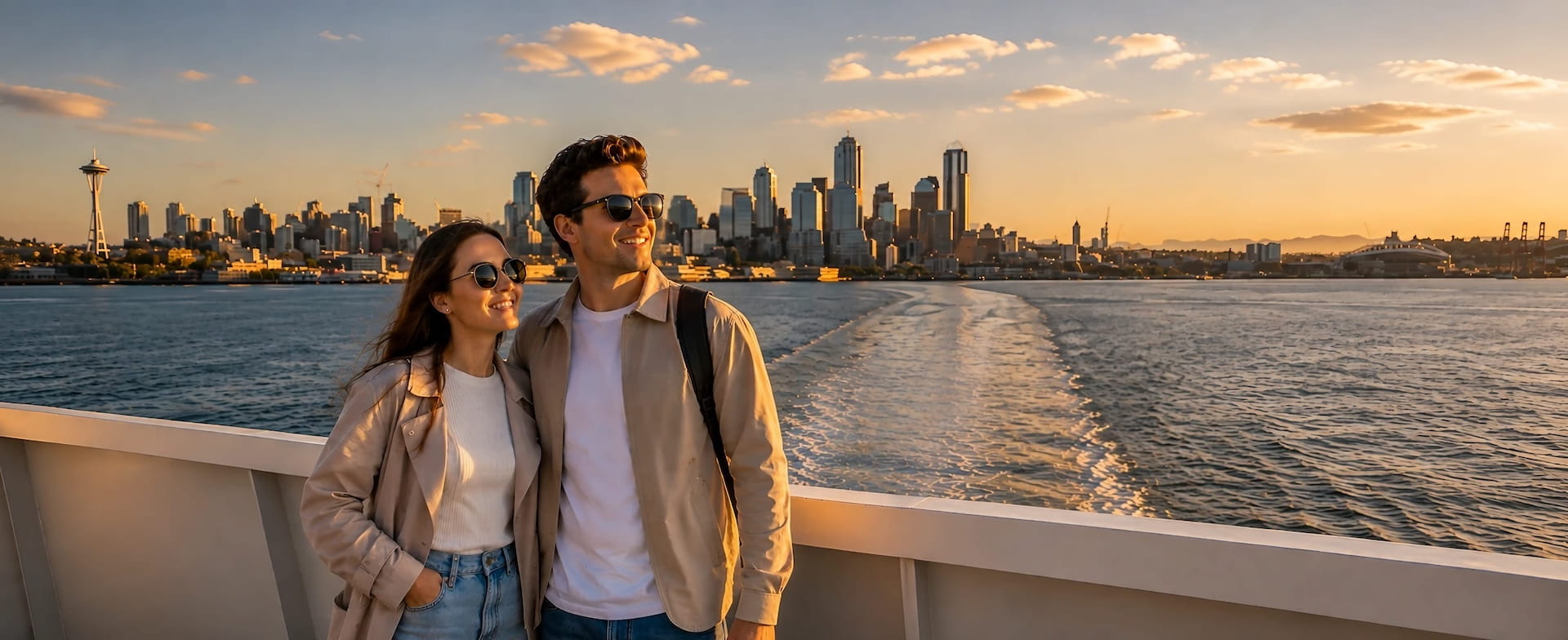 Couple at the deck rail watching the downtown skyline and Space Needle on a harbor cruise in Seattle, Washington