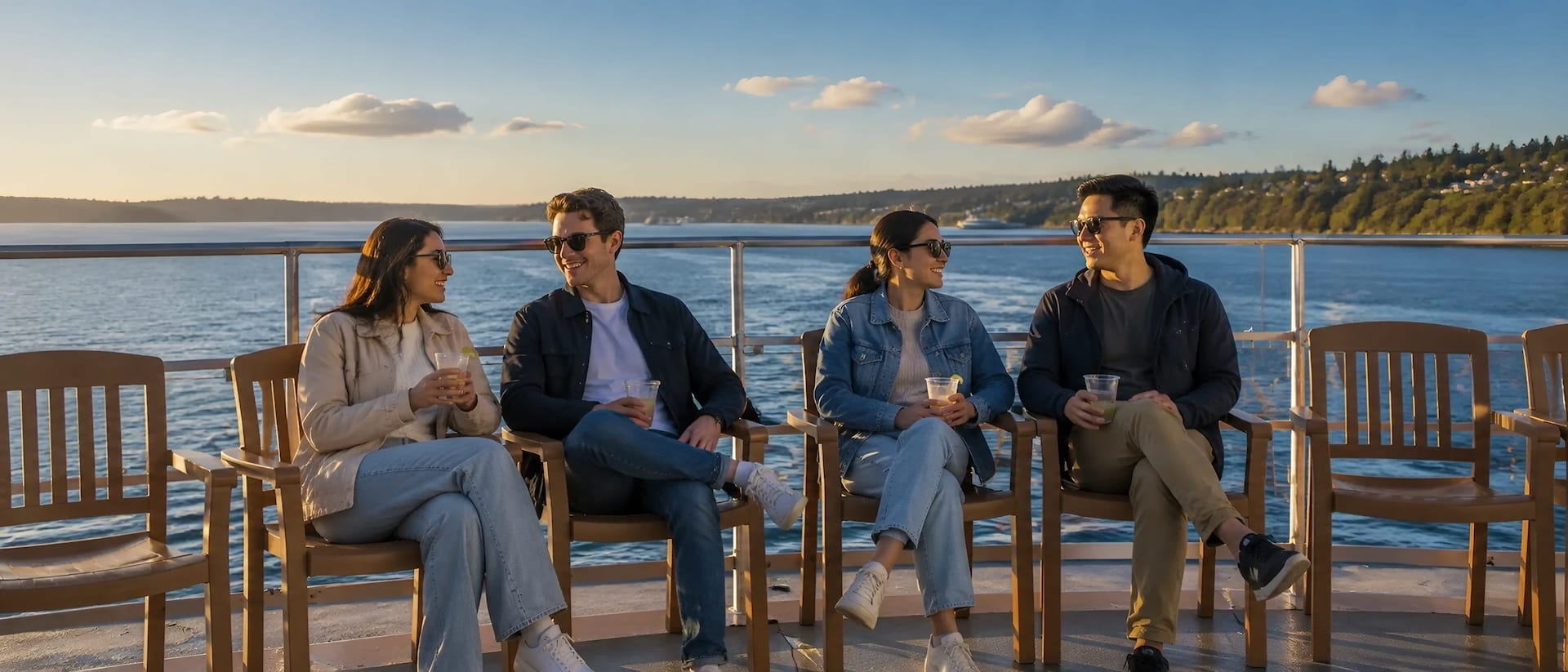 Guests relaxing with drinks in deck chairs on the open top deck during a harbor tour in Seattle