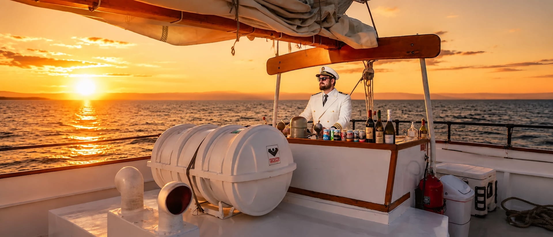 Captain at the helm beside the onboard bar as the sun drops to the horizon on a sunset cruise in Seattle